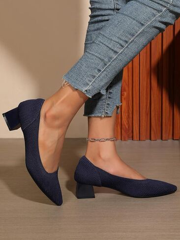 Women's Pointed Closed Toe Low Heel Knit Pumps Chunky Block Heels for Women Comfy Soft Lady Daily Work Office Casual Slip On Breathable Knit Shoes 1.57 Inch in Saudi Arabia