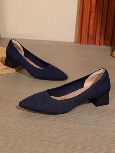 Women's Pointed Closed Toe Low Heel Knit Pumps Chunky Block Heels for Women Comfy Soft Lady Daily Work Office Casual Slip On Breathable Knit Shoes 1.57 Inch in Saudi Arabia