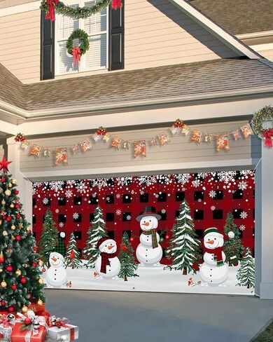 Christmas Garage Door Banner Cover 7 x 16 ft, Christmas Snowman Xmas Tree Red Black Buffalo Plaid Christmas Garage Door Decorations Holiday Christmas Backdrop Decor for Winter New Year Xmas Party in Kuwait