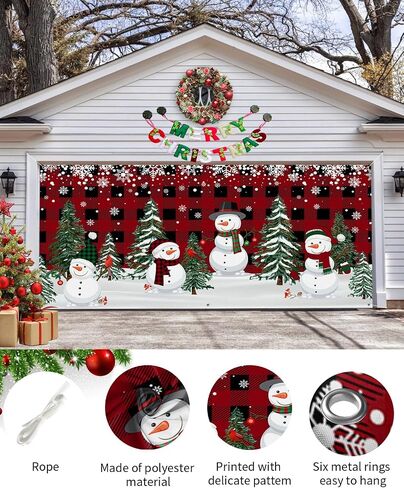 Christmas Garage Door Banner Cover 7 x 16 ft, Christmas Snowman Xmas Tree Red Black Buffalo Plaid Christmas Garage Door Decorations Holiday Christmas Backdrop Decor for Winter New Year Xmas Party in Kuwait