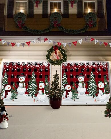 Christmas Garage Door Banner Cover 7 x 16 ft, Christmas Snowman Xmas Tree Red Black Buffalo Plaid Christmas Garage Door Decorations Holiday Christmas Backdrop Decor for Winter New Year Xmas Party in Kuwait