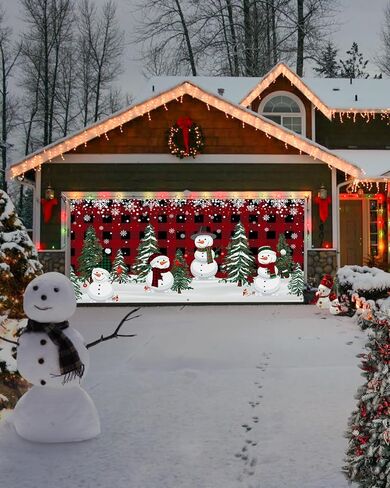 Christmas Garage Door Banner Cover 7 x 16 ft, Christmas Snowman Xmas Tree Red Black Buffalo Plaid Christmas Garage Door Decorations Holiday Christmas Backdrop Decor for Winter New Year Xmas Party in Kuwait