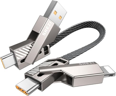 كابل USB C 4 في 1 [مُحسّن] بقدرة 27 وات 5 أقدام، شحن سريع 90 درجة من النايلون المضفر لسلك شاحن iPhone iPad الزاوية اليمنى [مزامنة بيانات 480 ميجا بت في الثانية] مجموعة كابل شحن متعدد مع منافذ L/USB C/USB A in Saudi Arabia
