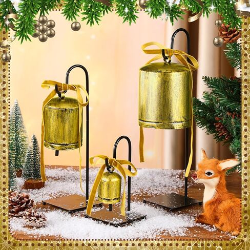 Set of 3 Vintage Rustic Cow Bells with Metal Stands Giant Vintage Rustic Harmony Christmas Bells Gift Brass Farmhouse Table Decorations Hanging Decoration for Holiday Party Decor in Kuwait