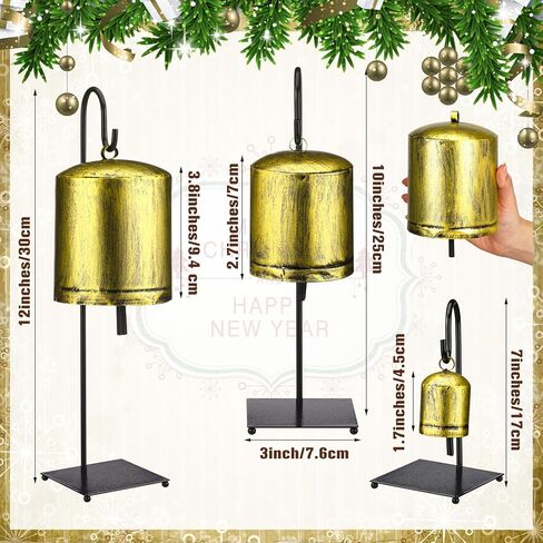 Set of 3 Vintage Rustic Cow Bells with Metal Stands Giant Vintage Rustic Harmony Christmas Bells Gift Brass Farmhouse Table Decorations Hanging Decoration for Holiday Party Decor in Kuwait