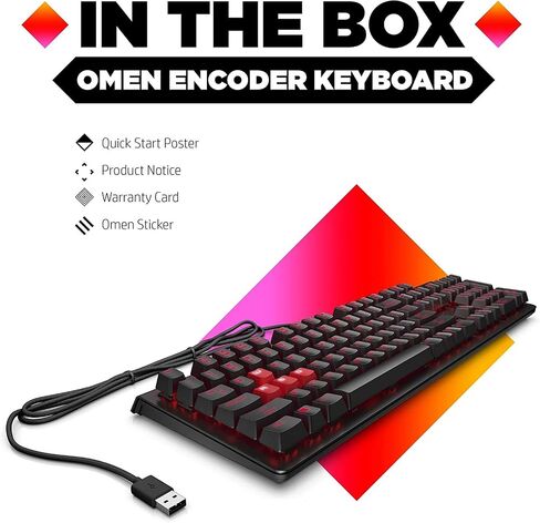 لوحة مفاتيح الألعاب الميكانيكية OMEN Encoder - مفاتيح Cherry MX الحمراء، إضاءة خلفية LED، سلك USB، مضاد للظلال، تمرير كامل لمفتاح N، متوافق مع Windows 10، XBOX لألعاب الكمبيوتر - 6YW76AA (متجدد) in Saudi Arabia