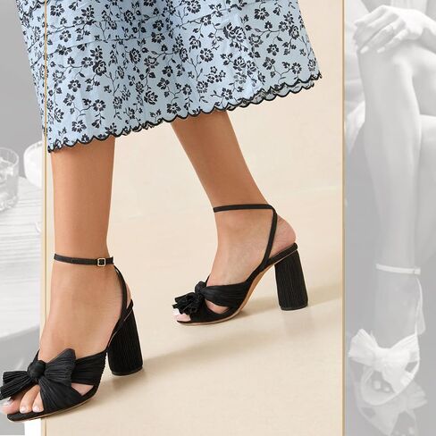 VIMISAOI Women's Bow Knot Heeled Sandals Open Toe High Block Chunky Heels Ankle Buckle Strap Pleated Bride Wedding Party Dress Shoes in Saudi Arabia