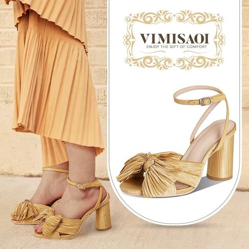 VIMISAOI Women's Bow Knot Heeled Sandals Open Toe High Block Chunky Heels Ankle Buckle Strap Pleated Bride Wedding Party Dress Shoes in Saudi Arabia