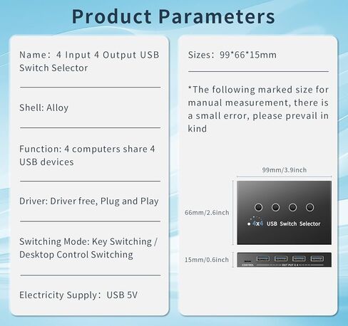 USB 3.0 Switch 4 Computers 3 Computers Keyboard Mouse Switch,4 Port USB Switch Selector Sharing 4 USB Devices,USB Switcher Compatible with Mac/Windows/Linux,with Desktop Controller and 4 USB Cable. in Saudi Arabia