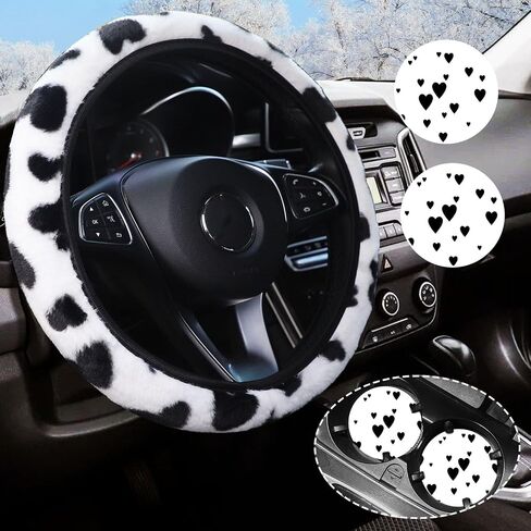 Black and White Cow Print Fluffy Steering Wheel Cover,Universal Auto Steering Wheel 14-15 Inch Soft Warm Car Interior Accessories with 2PCS Car Coasters,Suitable for Men and Women in Saudi Arabia
