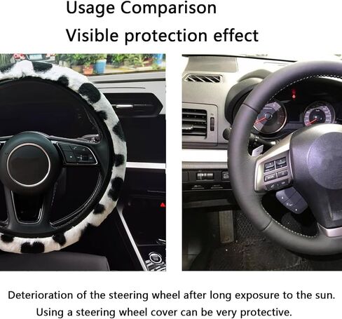 Black and White Cow Print Fluffy Steering Wheel Cover,Universal Auto Steering Wheel 14-15 Inch Soft Warm Car Interior Accessories with 2PCS Car Coasters,Suitable for Men and Women in Saudi Arabia