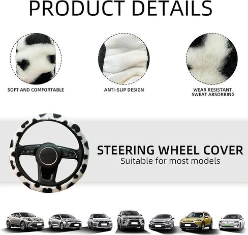 Black and White Cow Print Fluffy Steering Wheel Cover,Universal Auto Steering Wheel 14-15 Inch Soft Warm Car Interior Accessories with 2PCS Car Coasters,Suitable for Men and Women in Saudi Arabia