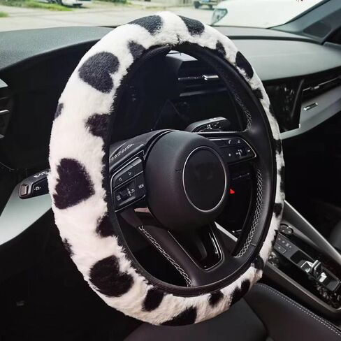 Black and White Cow Print Fluffy Steering Wheel Cover,Universal Auto Steering Wheel 14-15 Inch Soft Warm Car Interior Accessories with 2PCS Car Coasters,Suitable for Men and Women in Saudi Arabia