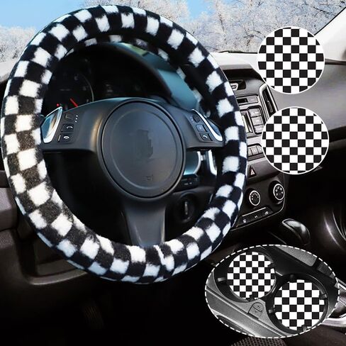 Black and White Cow Print Fluffy Steering Wheel Cover,Universal Auto Steering Wheel 14-15 Inch Soft Warm Car Interior Accessories with 2PCS Car Coasters,Suitable for Men and Women in Saudi Arabia