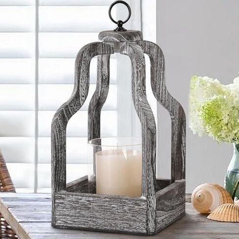 شمعة إعصار فانوس مع حامل شمعدان زجاجي، فانوس خشبي عتيق لمزرعة ريفية فوانيس شموع مزخرفة، أبيض متعثر in Kuwait