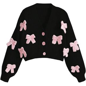SHENHE Women's Cute Bow Knitted Cardigan Button Down V Neck Cropped Cardigan Sweater