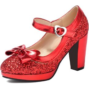 SEIFIN Women's Sequins Glitter Mary Jane Shoes Shine Sparkly Vintage Chunky High Block Heel Women Pumps with Bow and Ankle Strap Cosplay Rockabilly Kawaii Marriage Dress Shoes(Red,US6.5)