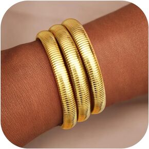 CASSIECA Chunky Gold Bangles for Women 18K Gold Plated Stretch Bangles Bracelets Set 3PCS Chunky Titanium Non Tarnish Flexible Wide Wristband Bracelets Set