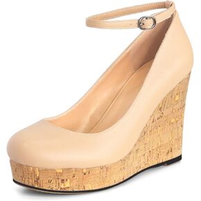 AUMOTED Women's Platform Wedges High Heels Pumps Closed Round Toe Buckle Ankle Strap Suede Heels Shoes for Ladies Casual Dress 3.93 Inch High Heeled