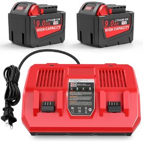9.0Ah 18V Battery Replacement for Milwaukee M18 & 3A Dual Charger Replacement for Milwaukee M18 48-11-1850 48-11-1828 48-11-1860 48-11-1890, Battery Charger 4811-1862 4811-1852 4811-1840 （2 pack）