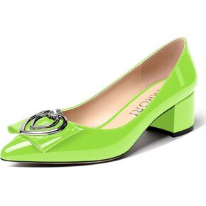 MERRORI Women's Pointed Toe Block Slip On Solid Patent Bow Chunky Low Heel Pumps Shoes 2 Inch