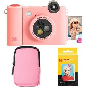 KODAK Smile+ 2-in-1 Digital Instant Print Camera & Wireless Bluetooth Photo Printer Starter Bundle + Soft Case + Zink 20pk Sticky-Back Photo Paper - 10MP, Special-Effect Rotating Lens - Pink