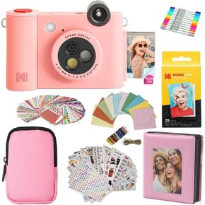 KODAK Smile+ 2-in-1 Digital Instant Print Camera & Photo Printer Gift Bundle + Case + Zink 20pk 2x3 Sticky Back Photo Paper + Album + Sticker Sets + Sticker Frames + Hanging Frames + Markers - Pink in Kuwait