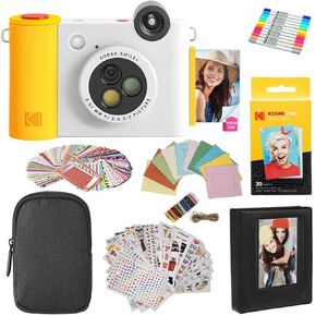 KODAK Smile+ 2-in-1 Digital Instant Print Camera & Photo Printer Gift Bundle + Case + Zink 2x3 Sticky Back Photo Paper 20pk + Album + Sticker Sets + Sticker Frames + Hanging Frames + Markers - White