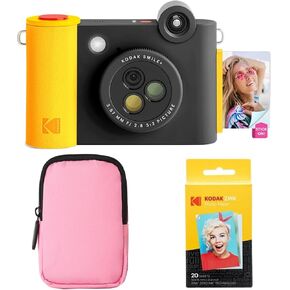 KODAK Smile+ 2-in-1 Digital Instant Print Camera & Wireless Bluetooth Photo Printer Starter Bundle + Soft Case + Zink 20pk Sticky-Back Photo Paper - 10MP, Special-Effect Rotating Lens - Black