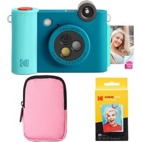 KODAK Smile+ 2-in-1 Digital Instant Print Camera & Wireless Bluetooth Photo Printer Starter Bundle + Soft Case + Zink 20pk Sticky-Back Photo Paper - 10MP, Special-Effect Rotating Lens - Blue