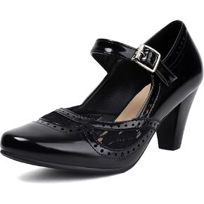 Elerhythm Women's Mary Jane Lace Flower Closed Round Toe Vintage Heels Gatsby 1950s Pumps 1920s Victorian Retro Shoes