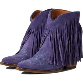 MOOMMO Women Tassel Western Booties Chunky Block Heel Suede Cowboy Ankle Boots Fringe Pointed Closed Toe V-Cut Stacked Heel Slip On Short Boots Chic Cowgirl Embroidered Retro Purple 9 M US
