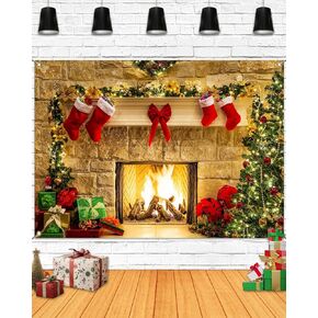 Mocsicka Christmas Backdrop 7x5ft Christmas Fireplace Backdrop Christmas Tree Gift Box Red Boots Adorn Background Backdrop Holiday Party Photography Background