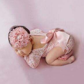 Ylsteed Newborn Photography Outfits Girl Newborn Photography Props Lace Romper Newborn Baby Photo Shoot Outfits Girls Photo Props (Big Flower+Beige Set)