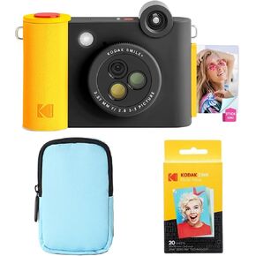 KODAK Smile+ 2-in-1 Digital Instant Print Camera & Wireless Bluetooth Photo Printer Starter Bundle + Deluxe Case + Zink 20pk Sticky-Back Photo Paper - 10MP, Special-Effect Rotating Lens - Black