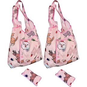 (Pack of 2) Cute Durable Nylon Reinforced Reusable Grocery Bag, Tote Bag, Gift Bag,Beach Bag Foldable with Attached Zipper Pouch- Pink