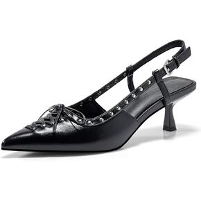 Coutgo Womens Slingback Kitten Heels Closed Pointed Toe Low Heel Dress Shoes Studded Bow Pumps, Black, Size 6