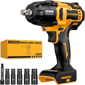 Cordless Imapact Wrench 1000N.m, Compatible with 𝗗𝗘-𝗪𝗔𝗟𝗧 20V Max Battery (No Battery), 1/2-inch Brushless Drill with LED Work Light, Electric High Torque Impact Driver