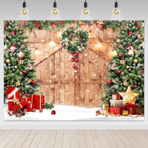 Avezano Rustic Christmas Barn Wood Door Backdrop for Photography X-mas Tree Snow Gifts Photo Background Christmas Holiday Family Photoshoot Banner for Picture Studio Prop (7x5ft)