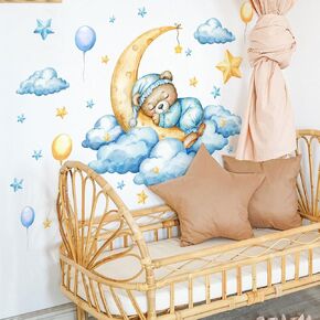 Bear Sleeping on The Moon Wall Decals，Peel and Stick Stars Moon White Clouds Balloon Wall Stickers，for Nursery Decor Sweet Dreams Moon Baby Room Decoration Room Interior Wall Decoration Stickers