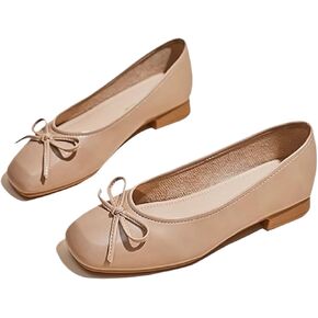 Women's Leather Bow Low Block Heel Formal Pumps Fashionable Square Closed Toe Slip-On Comfortable Soft Sole Casual Low Chunky Heel Loafers for Office Work Dress Shoes