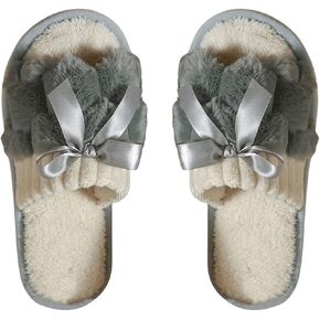 OYOANGLE Women's Bowknot Color Block Fuzzy Slippers Furry Open Toe House Shoes Indoor Slides Slippers