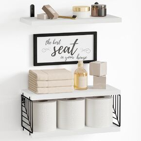 أرفف الحمام العائمة من Fixwal لتزيين الحائط فوق المرحاض مع سلة تخزين خشبية، صور الحمام لديكور الحائط - أسود in Kuwait