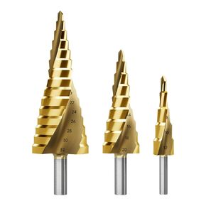 Step Drill Bit Set, 3Pcs Titanium Step Drill Bits, Metric 4mm to 32mm High Speed Steel Drill Cone Bits for Metal, Wood, PVC Hole Drilling Cutting, 6mm to 10mm Shank 2 Spiral Flute Step Drill Bit