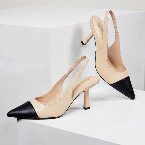 إليزابيت تانغ المرأة Slingback كعب هريرة، 3 بوصة مثير أشار مغلق اصبع القدم خنجر مضخة Slingback الكعوب للنساء الانزلاق على حزام مرن حفل زفاف اللباس الصنادل أحذية سوداء عارية حجم حجم 8 in Kuwait