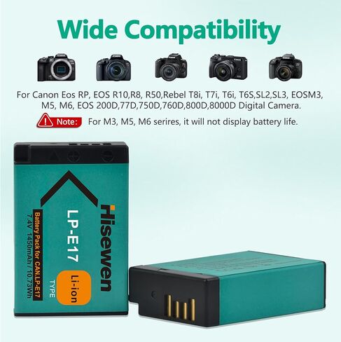 Hisewen LP-E17 بطارية 2 حزمة وشاحن LED لكاميرا Canon EOS RP R10 R8 R50 Rebel T6i T7i T8i T6s SL2 SL3 EOS M3 M5 M6 200D 77D 750D 760D 800D 8000D KISS X8i in Kuwait