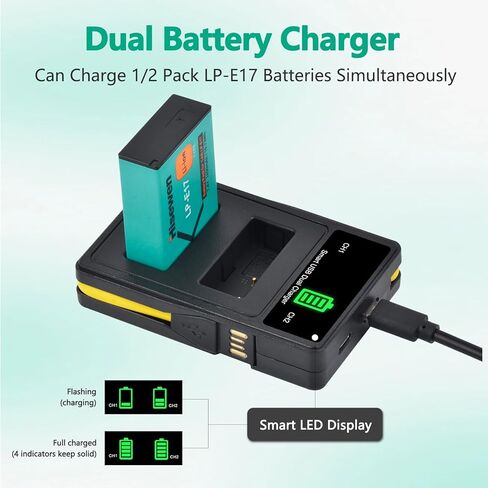 Hisewen LP-E17 بطارية 2 حزمة وشاحن LED لكاميرا Canon EOS RP R10 R8 R50 Rebel T6i T7i T8i T6s SL2 SL3 EOS M3 M5 M6 200D 77D 750D 760D 800D 8000D KISS X8i in Kuwait