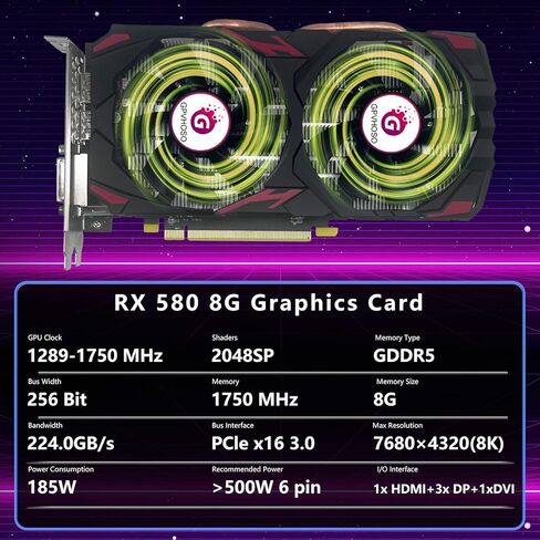 بطاقة رسومات RX 580 سعة 8 جيجابايت، 2048SP 1289 ميجاهرتز GDDR5 256 بت Radeon RX580 AMD GPU بطاقة فيديو مع مروحة تبريد مزدوجة، HDMI، 3*DP، مخرج DVI، بطاقة رسومات كمبيوتر 8K PCIE 3.0 لأجهزة الكمبيوتر المخصصة للألعاب in Kuwait