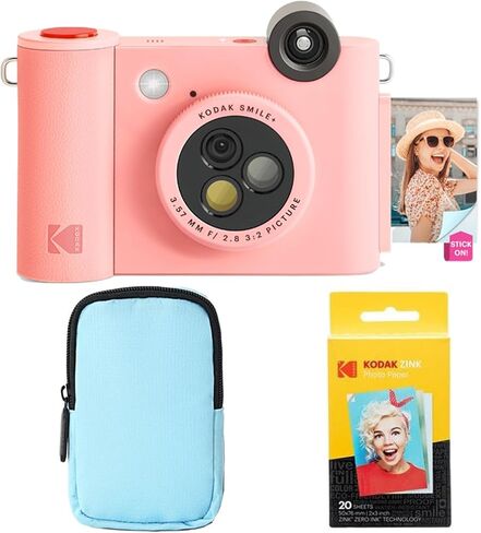 KODAK Smile+ 2-in-1 Digital Instant Print Camera & Wireless Bluetooth Photo Printer Starter Bundle + Deluxe Case + Zink 20pk Sticky-Back Photo Paper - 10MP, Special-Effect Rotating Lens - Pink in Saudi Arabia