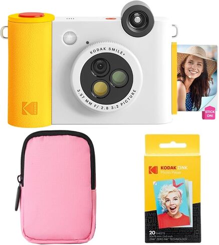 KODAK Smile+ 2-in-1 Digital Instant Print Camera & Wireless Bluetooth Photo Printer Starter Bundle + Soft Case + Zink 20pk Sticky-Back Photo Paper - 10MP, Special-Effect Rotating Lens - White in Saudi Arabia